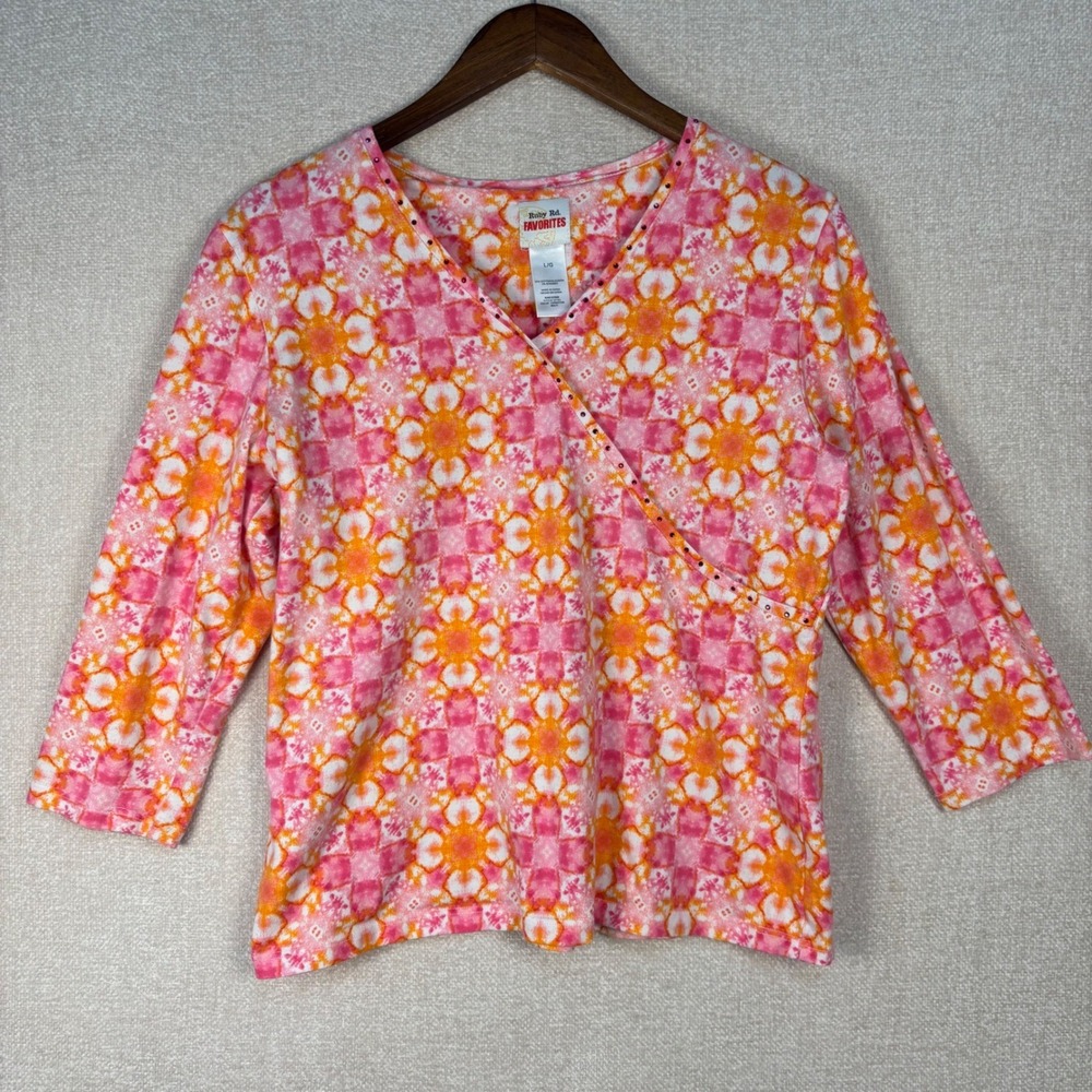 Ruby Rd Favorites Pink Orange Tie Dye Rhinestone Mock Wrap Top 3/4 Sleeve Large